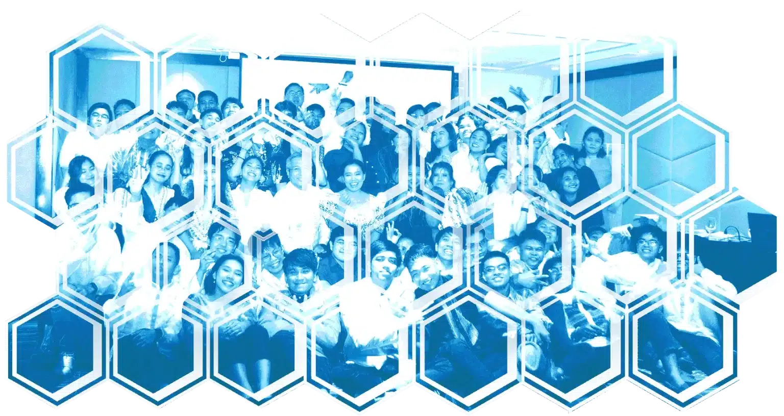 A large group of employees celebrating together in a lively team gathering, overlaid with a futuristic hexagonal design.