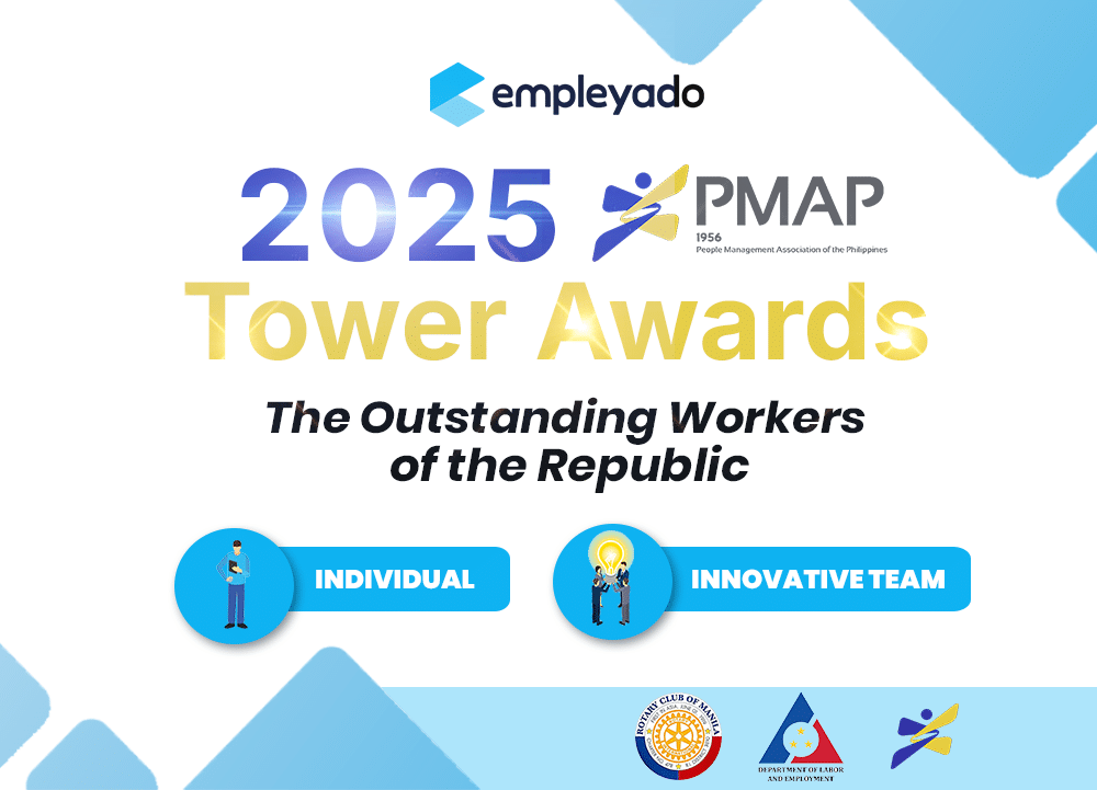 Promotional banner for the 2025 Tower Awards, presented by empleyado and PMAP (People Management Association of the Philippines). The event honors outstanding workers of the Republic in two categories: Individual and Innovative Team. Logos of supporting organizations, including the Rotary Club of Manila and the Department of Labor and Employment, are displayed at the bottom.